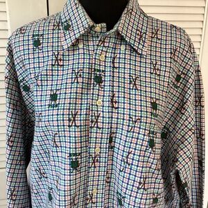 Vintage 90s golf print shirt plaid gold clubs 100% cotton X-Large country club